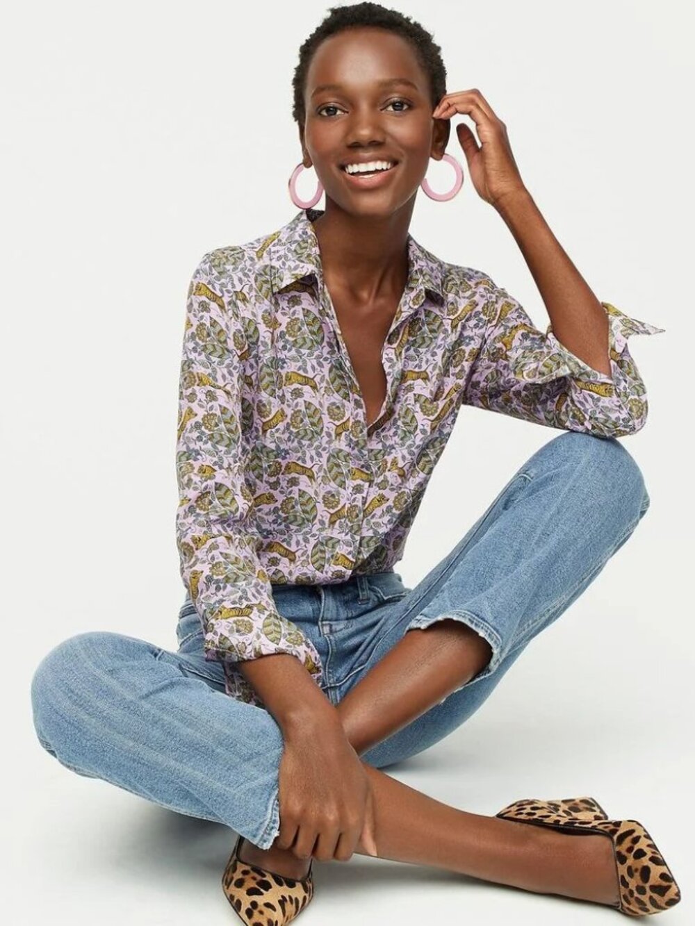 J.Crew Silk Button-Up Shirt Purple Green Tiger Floral Pattern Size 6